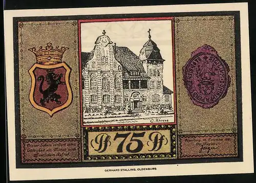 Notgeld Papenburg 1921, 75 Pfennig, Rathaus, Wappen