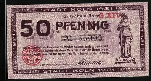Notgeld Köln 1921, 50 Pfennig, Statue J. v. Werth