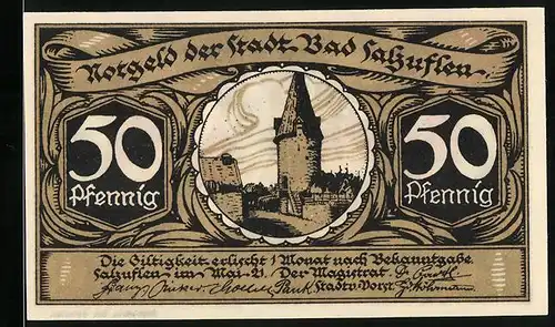 Notgeld Bad Salzuflen 1921, 50 Pfennig, Ortspartie mit Turm