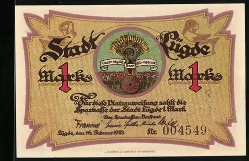 Notgeld Lügde 1921, 1 Mark, Unser täglich Brot..., Ähren