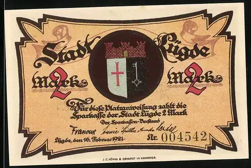 Notgeld Lügde 1921, 2 Mark, Stadtwappen