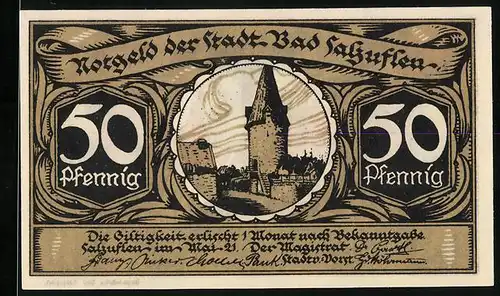Notgeld Bad Salzuflen 1921, 50 Pfennig, Ortspartie mit Turm