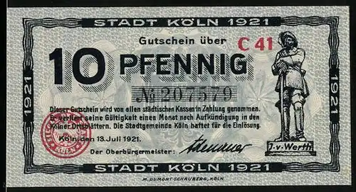 Notgeld Köln 1921, 10 Pfennig, Statue J. v. Werth