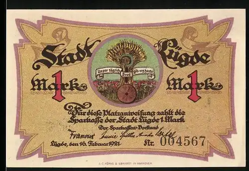 Notgeld Lügde 1921, 1 Mark, Unser täglich Brot..., Ähren