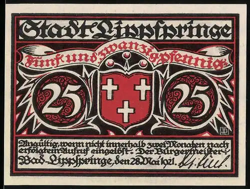 Notgeld Lippspringe 1921, 25 Pfennig, Stadtwappen