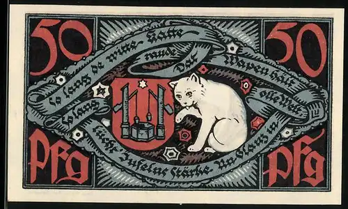 Notgeld Bad Salzuflen 1921, 50 Pfennig, Katze und Stadtwappen