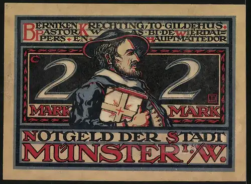 Notgeld Münster i. W. 1921, 2 Mark, Wat giegen de Viellwiwerie stonn op dast kreeg von de Wierdaipers wat op`n Kopp