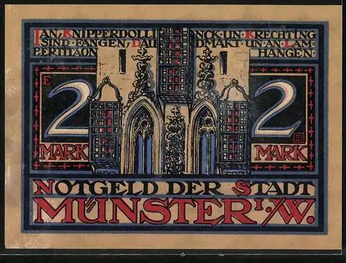 Notgeld Münster i. W. 1921, 2 Mark, Alls wat metian van Leyden pakteert dat häbbt se fangen un maassakreert