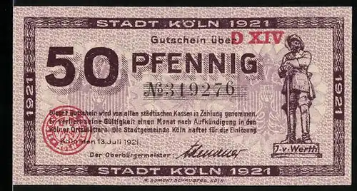 Notgeld Köln 1921, 50 Pfennig, Denkmal J. v. Werth