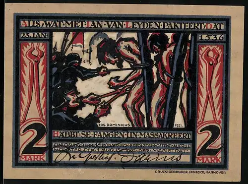 Notgeld Münster i. W. 1921, 2 Mark, Alls wat metian van Leyden pakteert dat häbbt se fangen un maassakreert