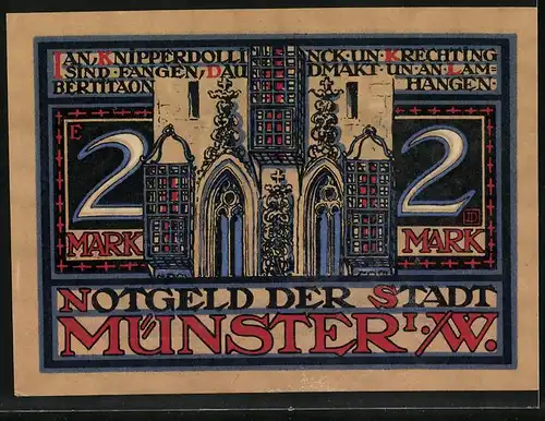 Notgeld Münster i. W. 1921, 2 Mark, Alls wat metian van Leyden pakteert dat häbbt se fangen un maassakreert