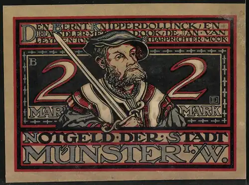 Notgeld Münster i. W. 1921, 2 Mark, De Wierdaipers von Raoserie vull schreit Wehe un Busse äls Dull