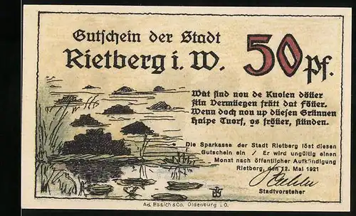 Notgeld Rietberg i. W. 1921, 50 Pfennig, Uferlandschaft