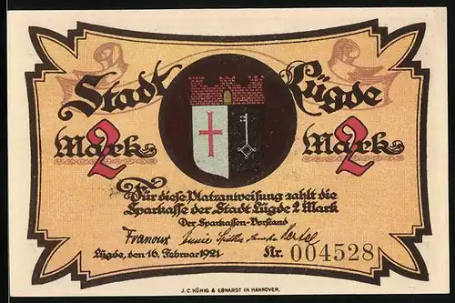 Notgeld Lügde 1921, 2 Mark, Stadtwappen