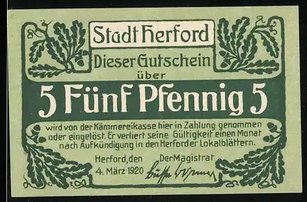 Notgeld Herford 1920, 5 Pfennig, Krieger mit Flügelhelm zu Pferde, Stadtwappen