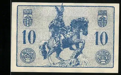 Notgeld Herford 1920, 10 Pfennig, Krieger mit Flügelhelm zu Pferde, Stadtwappen
