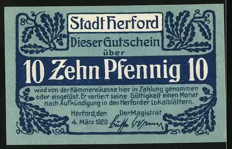Notgeld Herford 1920, 10 Pfennig, Krieger mit Flügelhelm zu Pferde, Stadtwappen