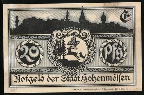 Notgeld Hohenmölsen 1921, 20 Pfennig, Stadtsihouette, Stadtwappen