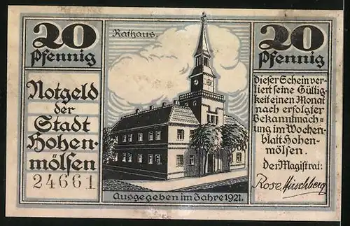 Notgeld Hohenmölsen 1921, 20 Pfennig, Stadtsihouette, Stadtwappen