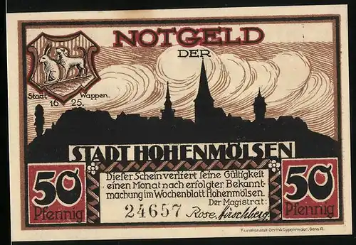 Notgeld Hohenmölsen, 50 Pfennig, Stadtsilhouette, Stadtwappen