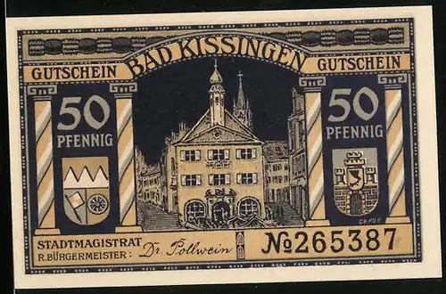 Notgeld Bad Kissingen 1920, 50 Pfennig, Rathaus, Wappen