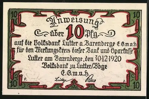 Notgeld Lutter /Bbge 1920, 10 Pfennig, Flucht Christians von Dänemarkt nach der Schlacht bei Lutter a. Bärenberge 1626