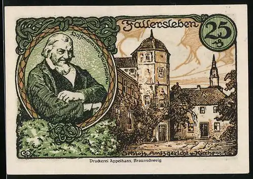 Notgeld Fallersleben 1920, 29 Pfennig, Schloss, Amtsgericht und Kirche, Hoffmann von Fallersleben