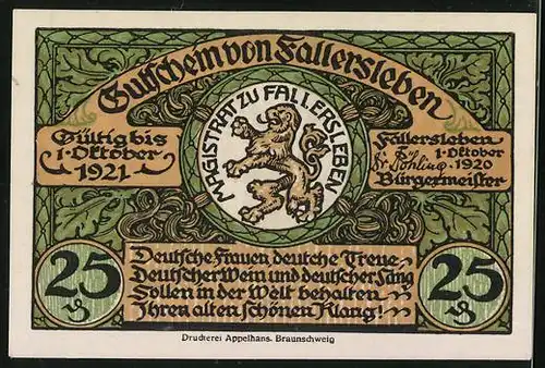 Notgeld Fallersleben 1920, 29 Pfennig, Schloss, Amtsgericht und Kirche, Hoffmann von Fallersleben