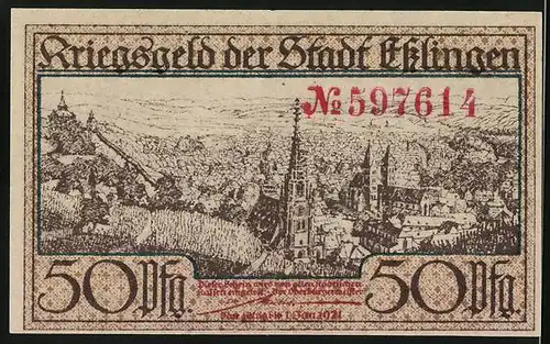 Notgeld Esslingen 1921, 1 /2 Mark, Panorama mit Kirche