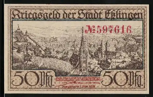 Notgeld Esslingen 1921, 50 Pfennig, Ortsansicht mit Kirchen