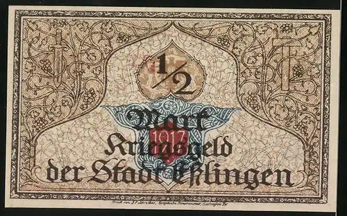 Notgeld Esslingen 1921, 50 Pfennig, Ortsansicht mit Kirchen