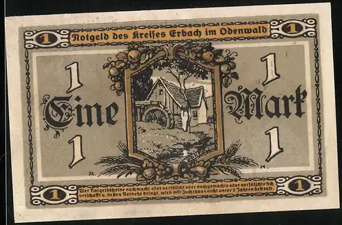 Notgeld Erbach i. Odw. 1918, 1 Mark, Mühle, Bäuerin mit Getreide