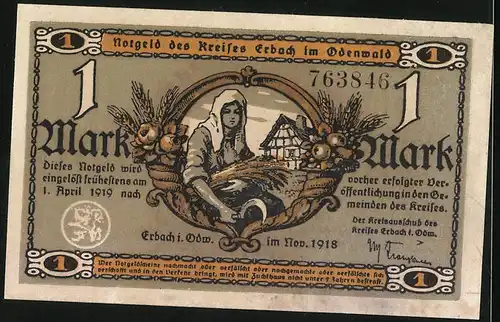 Notgeld Erbach i. Odw. 1918, 1 Mark, Mühle, Bäuerin mit Getreide