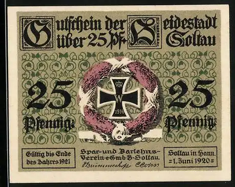 Notgeld Soltau 1920, 25 Pfennig, Eisernes Kreuz, Bauernhaus