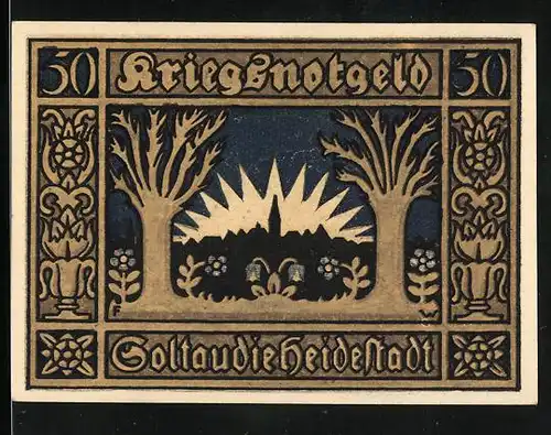 Notgeld Soltau 1921, 50 Pfennig, Ortsansicht mit Bäumen