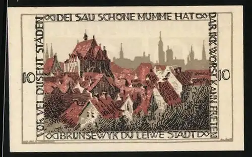 Notgeld Braunschweig 1923, 10 Pfennig, Ortsansicht mit Kirche