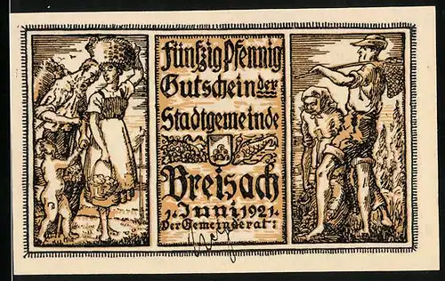 Notgeld Breisach 1921, 50 Pfennig, Ortsansicht, Bauern mit Ernte