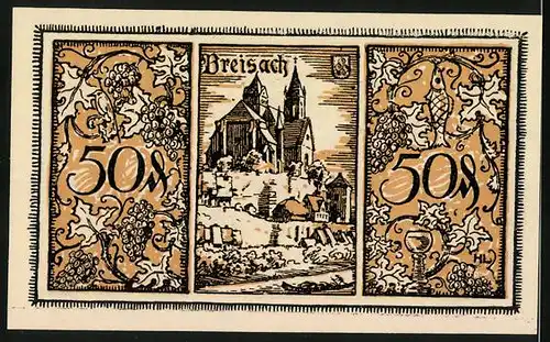 Notgeld Breisach 1921, 50 Pfennig, Ortsansicht, Bauern mit Ernte