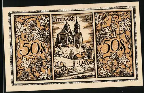 Notgeld Breisach 1921, 50 Pfennig, Ortsansicht, Bauern mit Ernte