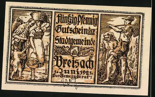 Notgeld Breisach 1921, 50 Pfennig, Ortsansicht, Bauern mit Ernte