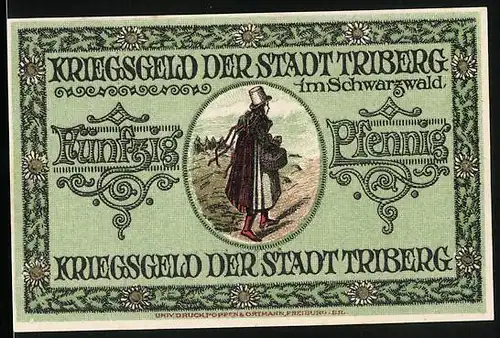 Notgeld Triberg i. Schwarzwald 1918, 50 Pfennig, Wappen, Wanderer