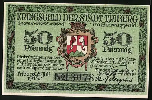 Notgeld Triberg i. Schwarzwald 1918, 50 Pfennig, Wappen, Wanderer