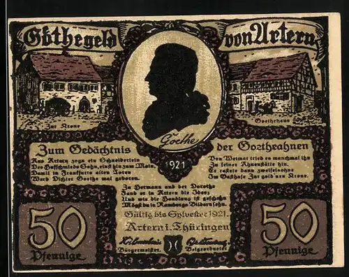 Notgeld Artern i. Thüringen 1921, 50 Pfennig, Gasthaus Zur Krone, Goethehaus