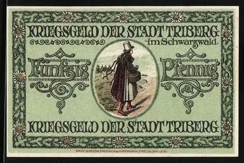 Notgeld Triberg i. Schwarzwald 1918, 50 Pfennig, Wanderer, Wappen