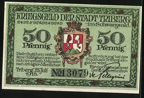 Notgeld Triberg i. Schwarzwald 1918, 50 Pfennig, Wanderer, Wappen