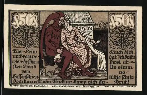 Notgeld Braunschweig 1921, 50 Pfennig, Eulenspiegel als Liebhaber