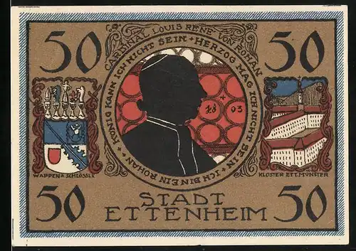 Notgeld Ettenheim 1922, 50 Pfennig, Wappen und Schlössle, Kloster