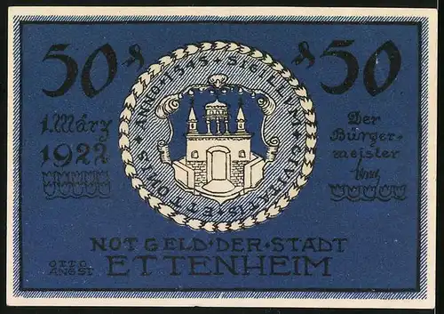 Notgeld Ettenheim 1922, 50 Pfennig, Wappen und Schlössle, Kloster