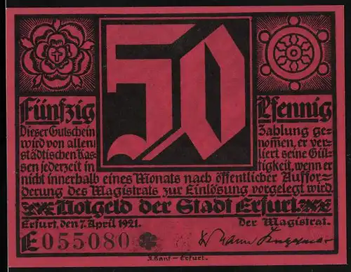 Notgeld Erfurt 1921, 50 Pfennig, Martin Luther, Wappen