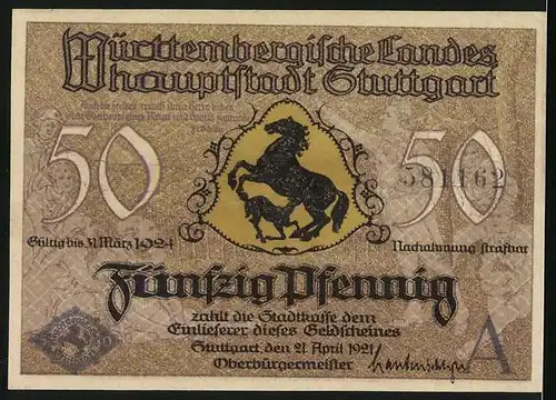 Notgeld Stuttgart 1924, 50 Pfennig, Altes Schloss und Stiftskirche